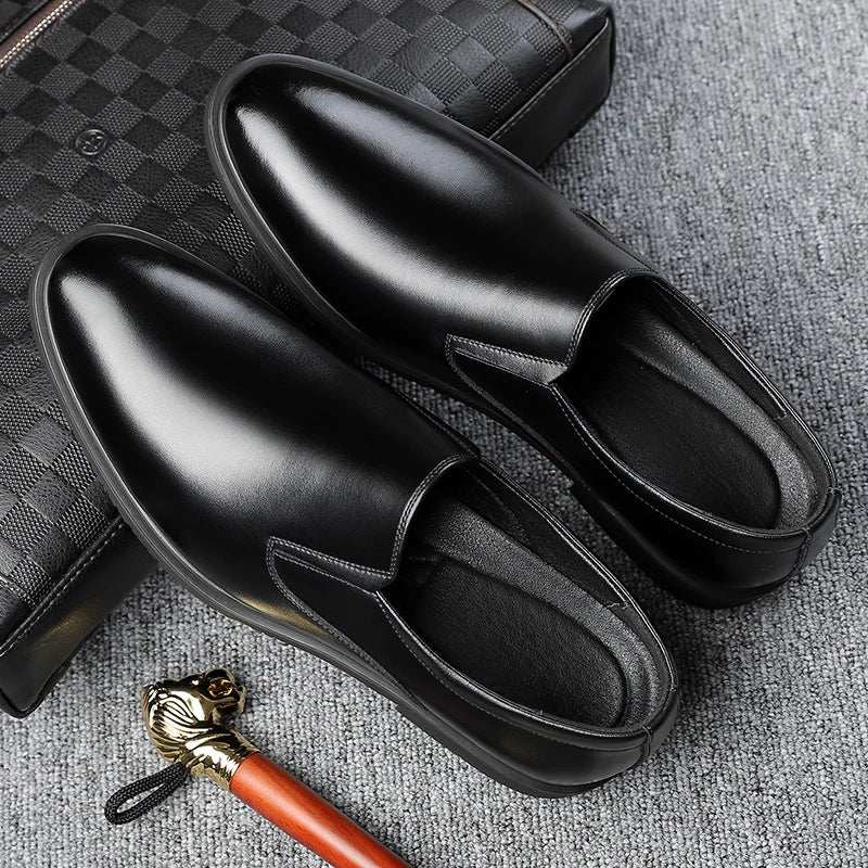 Mens Black Leather Slip On Dress Shoes Formal Business Office Work Comfortable Non Slip Daily Wear Shoes Kick Casual Fashion