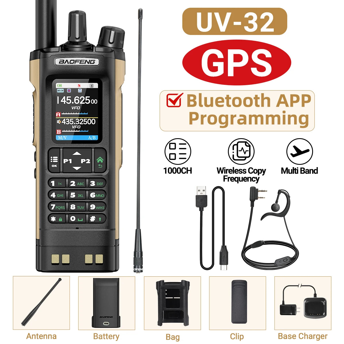 BAOFENG UV-32 GPS Air Band Walkie Talkie Long Range 10W Multi Band Bluetooth Programming Wireless Copy Frequency Two Way Radio