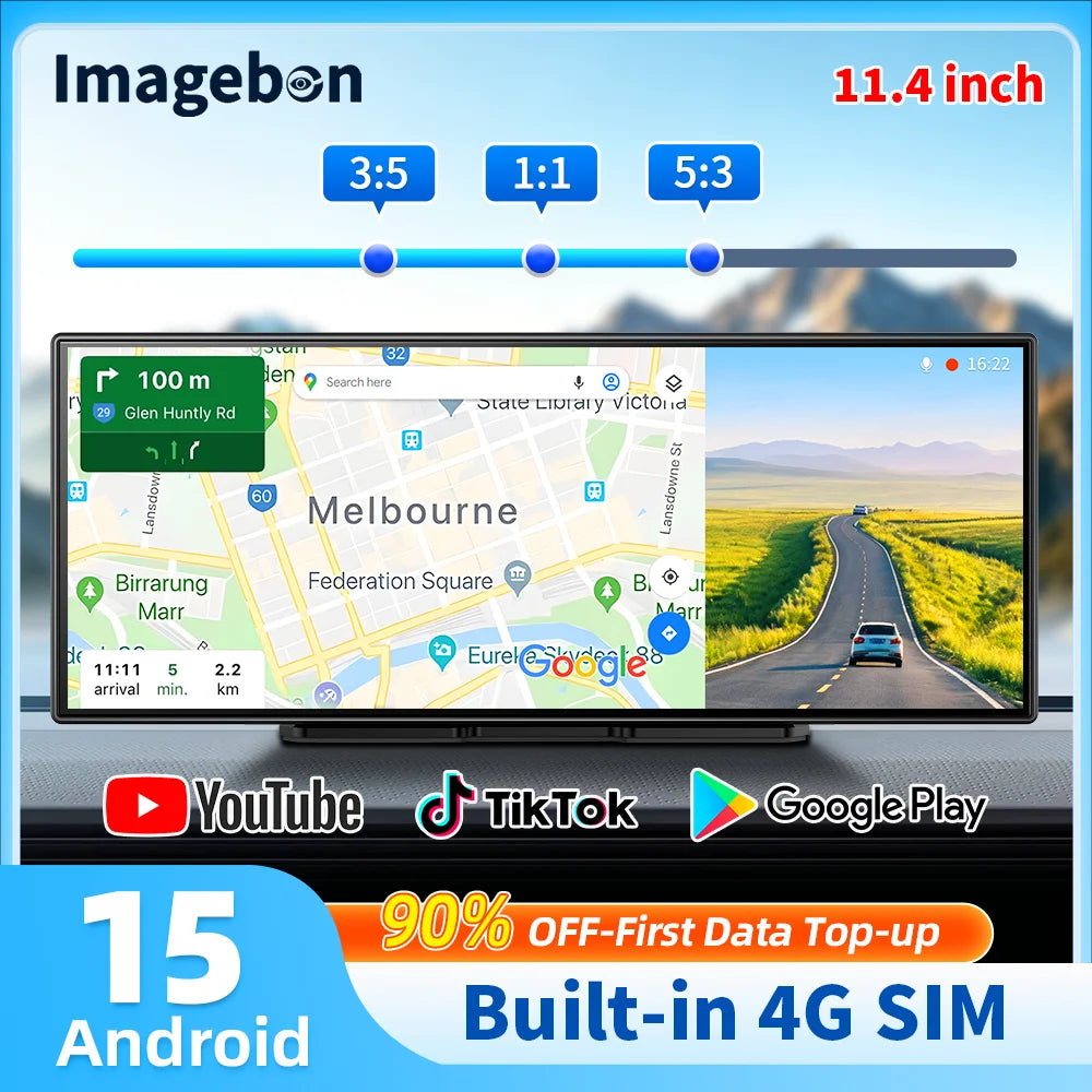 Imagebon M80 11.4" 4G Android 15 Dashcam 8 Core Wireless CarPlay Android Auto Split Screen GPS Youtube Parking Monitor Car DVR