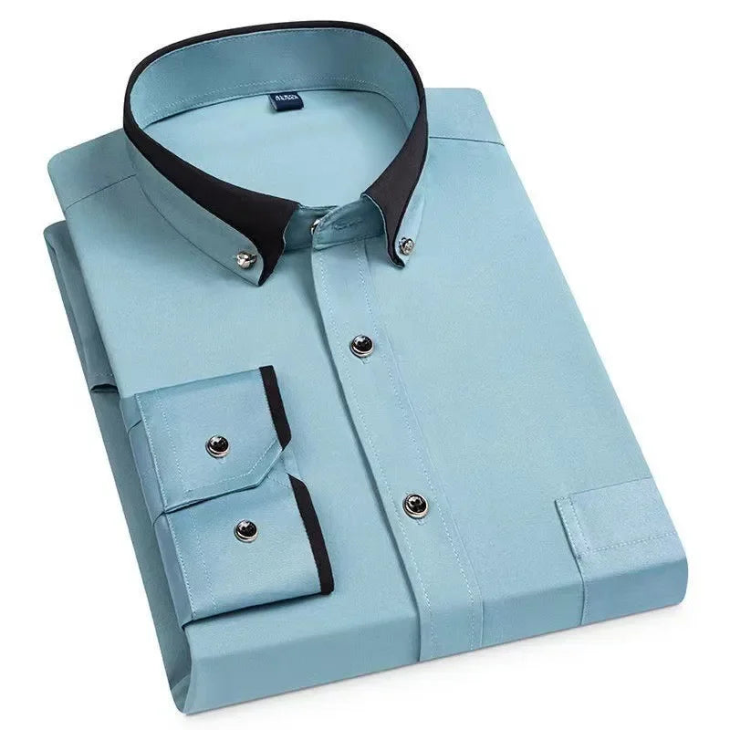 Spring and Autumn New Men's Contrasting Collar Elastic Long Sleeve Shirt Business Casual Comfort No-Iron Shirt Youth Solid Color
