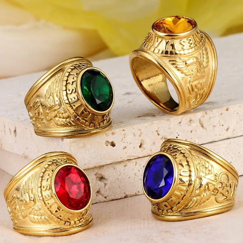 Eagle Earving Stainless Steel Rings for Men Yellow Citrine Gemstones Diamonds 18K Gold Filled Finger Bands Cool Accessory 7-13