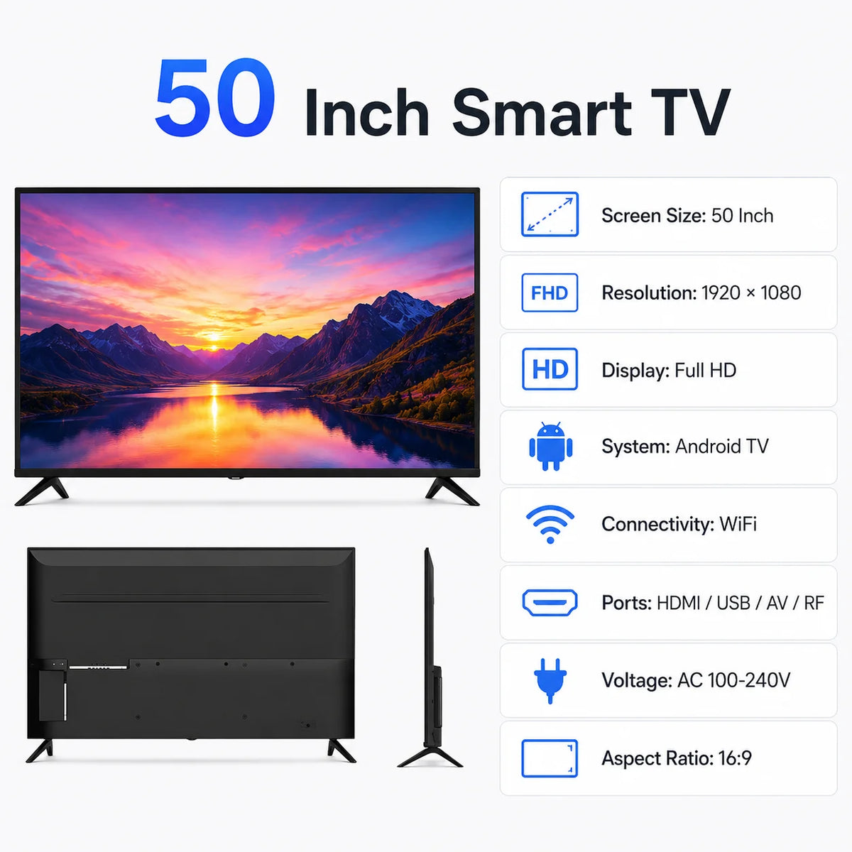 50 Inch Android Smart TV Full HD 1080P LED Television WiFi Screen Mirroring Slim Frame HDMI Home Hotel TV
