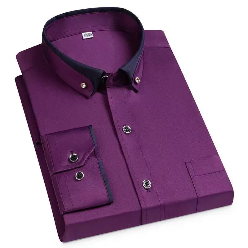 Spring and Autumn New Men's Contrasting Collar Elastic Long Sleeve Shirt Business Casual Comfort No-Iron Shirt Youth Solid Color
