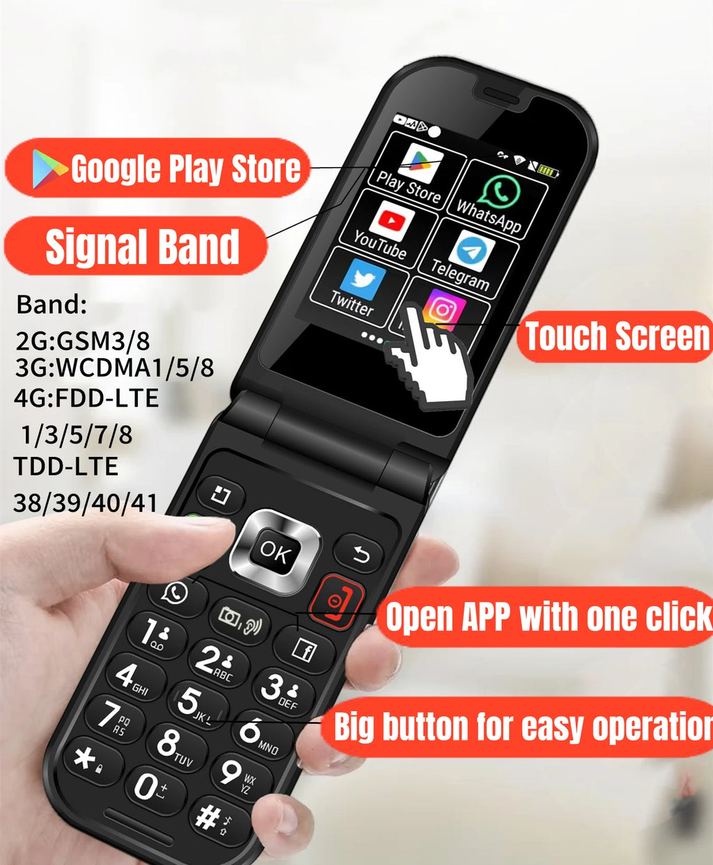 New Model Q3 4G Android 8 MTK 6739 Touch Screen 1450mAh Flip Smart Phone WiFi 2.8 Inch 3GB 32GB Version