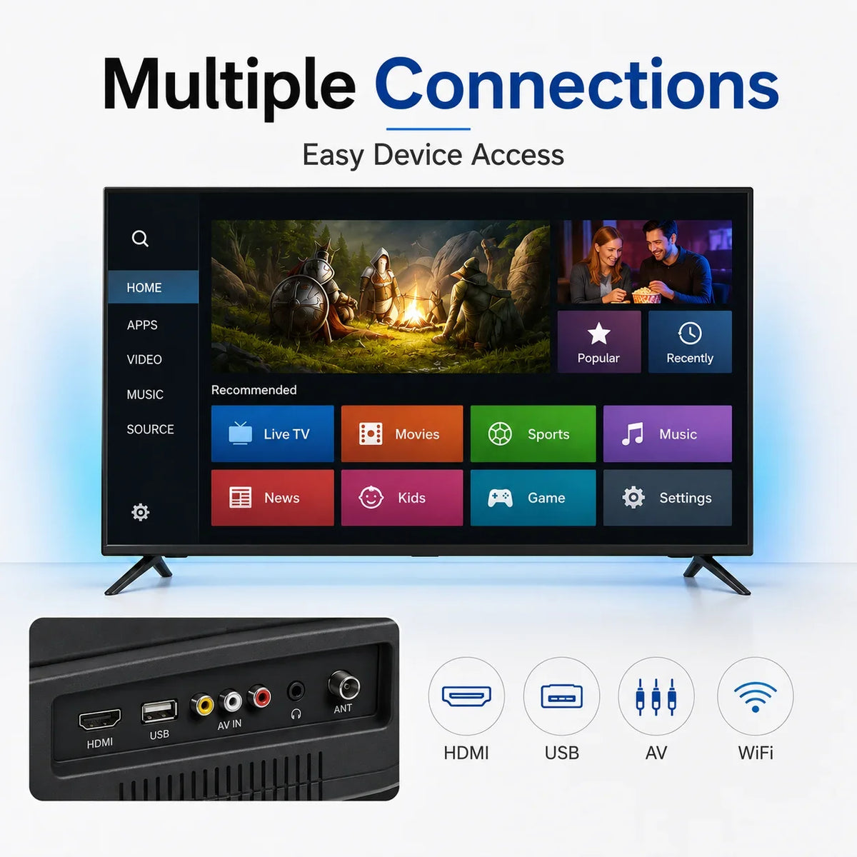 24 32 43 Inch Android Smart TV 4K UHD Full HD LED Television WiFi Streaming Apps HDMI USB HDR Home Hotel KTV TV