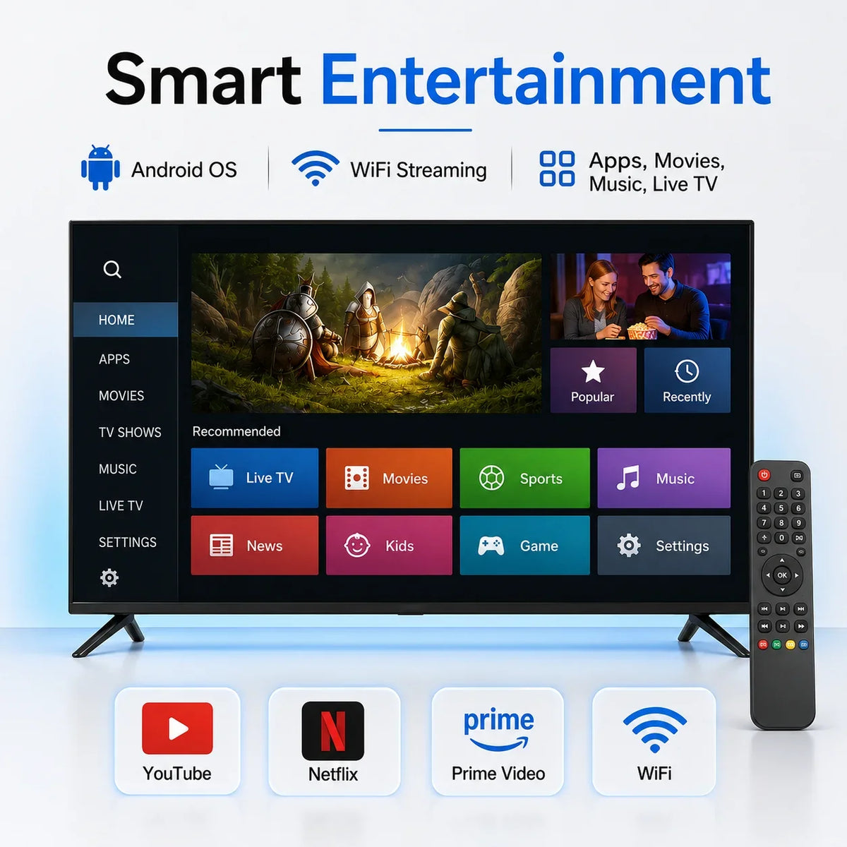 24 32 43 Inch Android Smart TV 4K UHD Full HD LED Television WiFi Streaming Apps HDMI USB HDR Home Hotel KTV TV