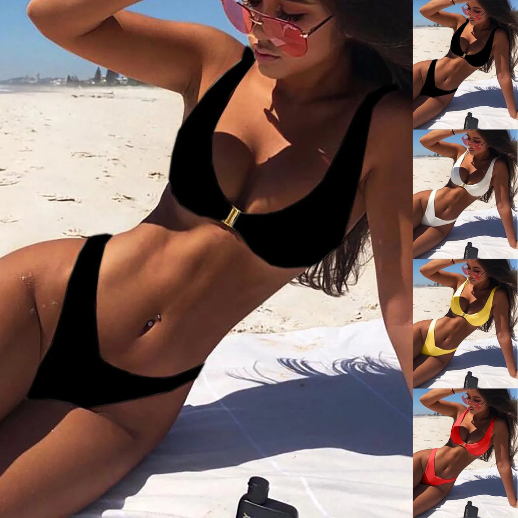 Купальник Женский Women's Sexy Купальник Fashion Solid Color Swimwear Women High Waist Gold Lock Bikini Sexy Beachwear Swimsuit