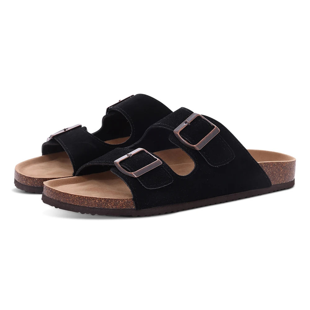 Evshine Leather Cork Footed Clogs Sandals For Women Fashion Flat Mules Slippers with Arch Support Men Double Buckle Cork Slides