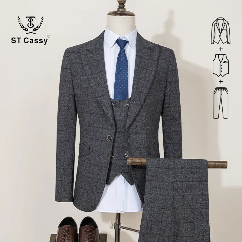 ST Cassy High Quality Khaki Plaid Suit Formal Business Office Men's Suits Fashionable and Casual Evening Gown
