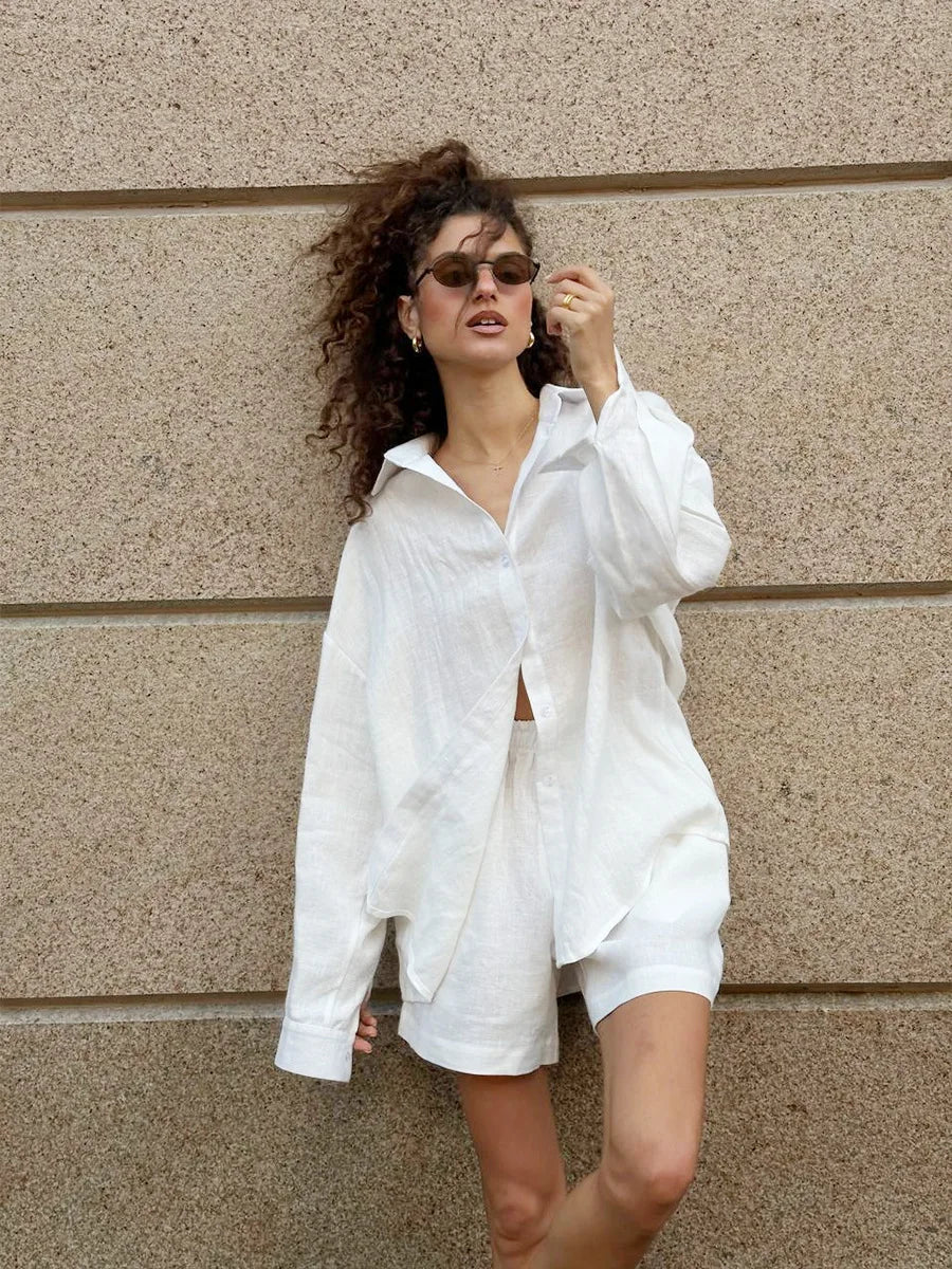 Bornladies 100% Cotton Women's Casual Shorts Sets Solid Color Cozy Lapel Long Sleeve Shirt Summer Elastic Waist Shorts Suits