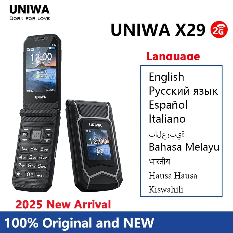 UNIWA X29 GSM Flip Phone 2.8 Inch Double Screen Dual SIM Big Font Big Button For Senior 2000mAh Wireless Radio  Russian Keyboard