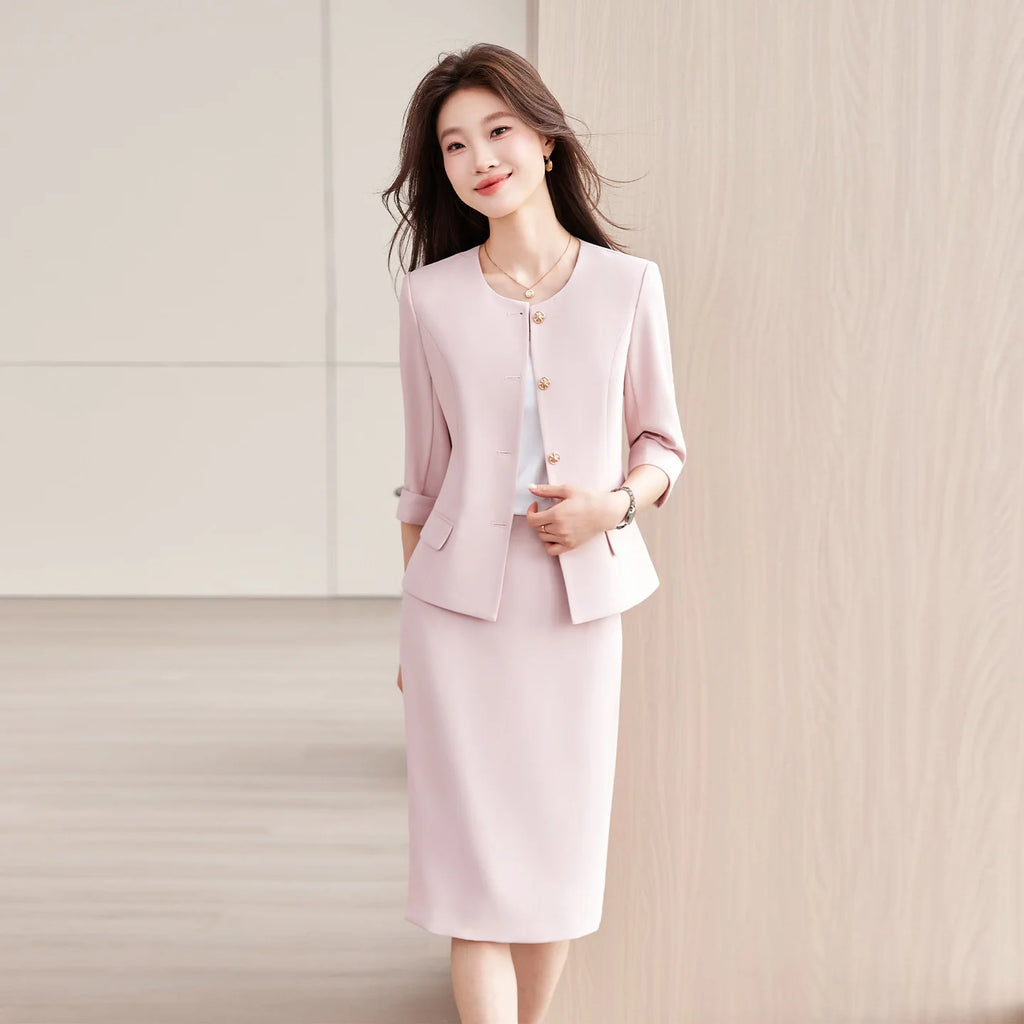 High-End Navy Blue Women's Two-Piece Suit Set Mid-Sleeve round Neck Casual Outfit for Lawyers Teachers Business Summer 2026