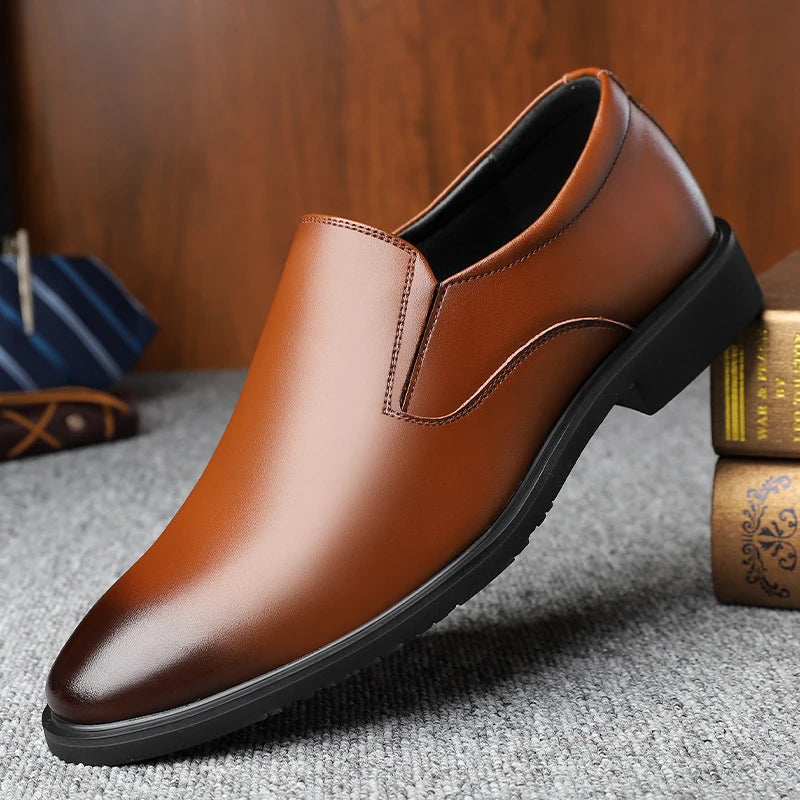 Mens Black Leather Slip On Dress Shoes Formal Business Office Work Comfortable Non Slip Daily Wear Shoes Kick Casual Fashion