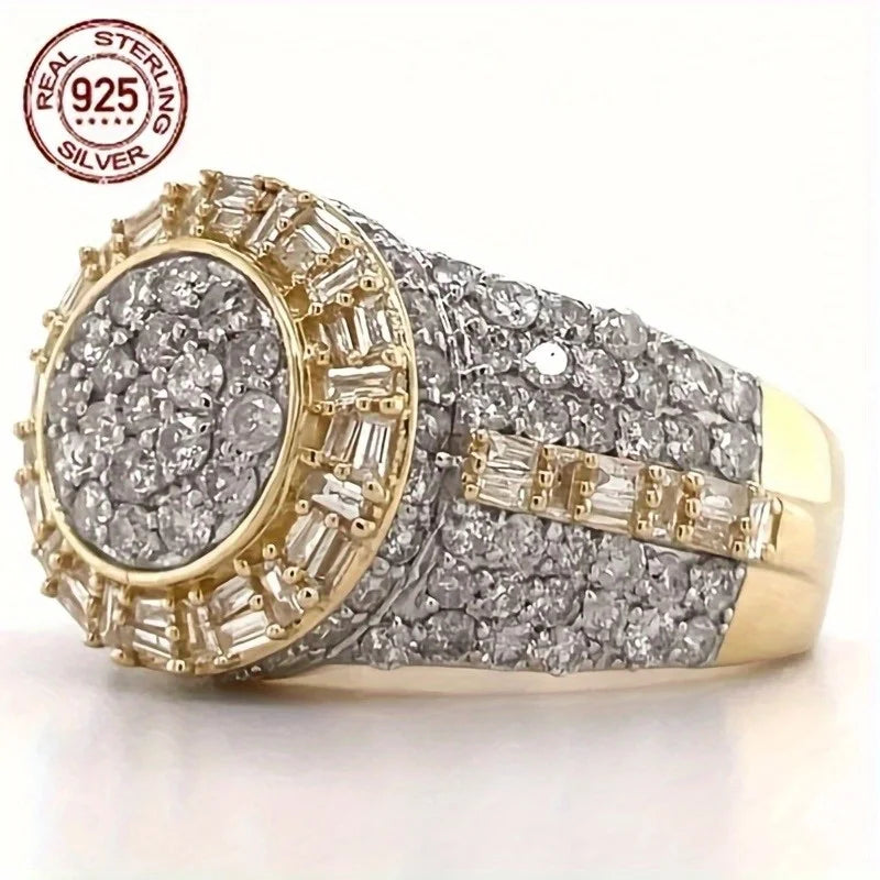 Vintage Luxury S925 Silver Geometric Zircon 18K Gold Plated Men's Engagement Band Hip Hop Rings Business Jewelry