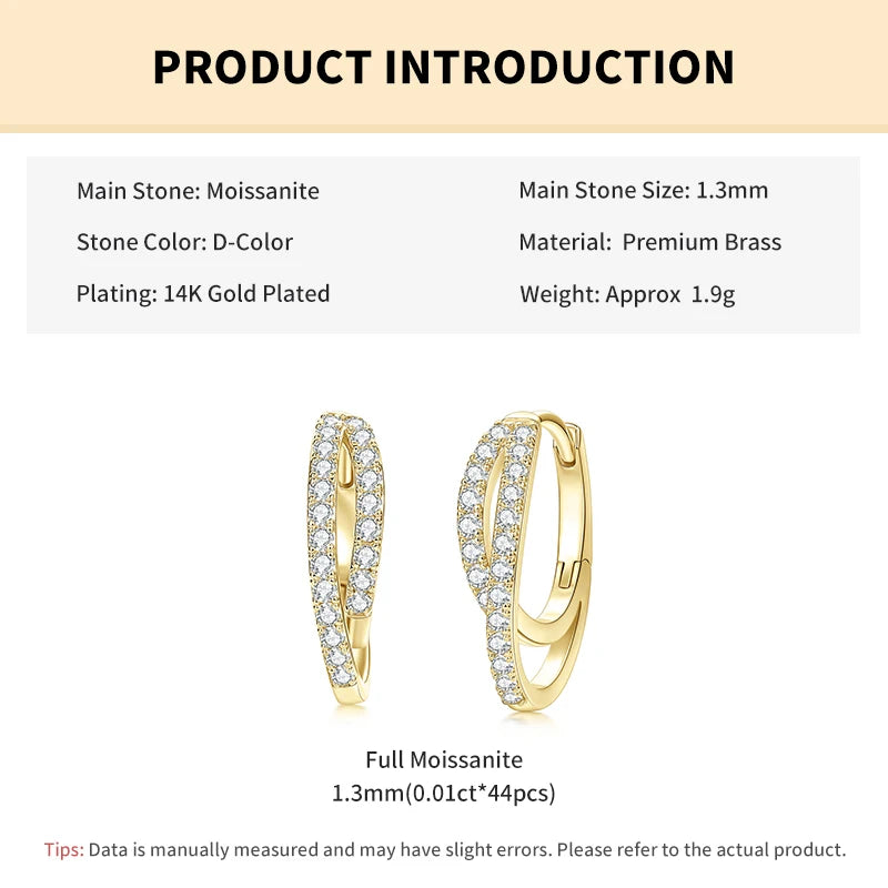 Rrjzz D-Color Lab Created Diamond Huggie Earrings Double-layer Staggered Cross Moissanite Hoop Earrings for Women Jewelry Gifts