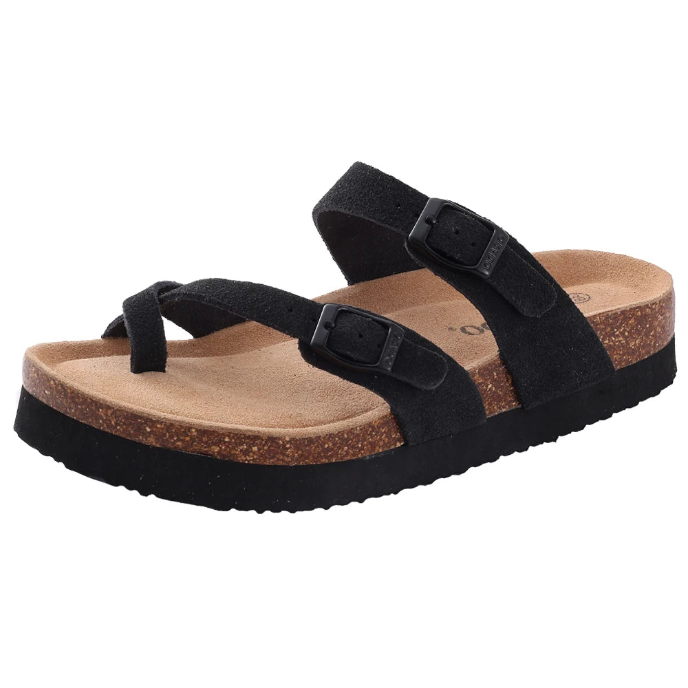 Evshine Leather Cork Footed Clogs Sandals For Women Fashion Flat Mules Slippers with Arch Support Men Double Buckle Cork Slides