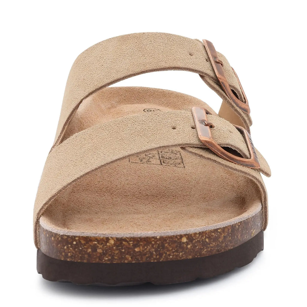 Evshine Leather Cork Footed Clogs Sandals For Women Fashion Flat Mules Slippers with Arch Support Men Double Buckle Cork Slides