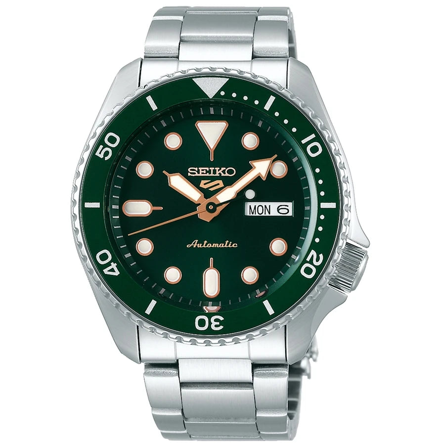 SEIKO 5 SRPD63K1 Automatic Wristwatch for Men 42.5mm Green Sunburst Dial Stainless Steel 100m WR Day-Date Business Casual
