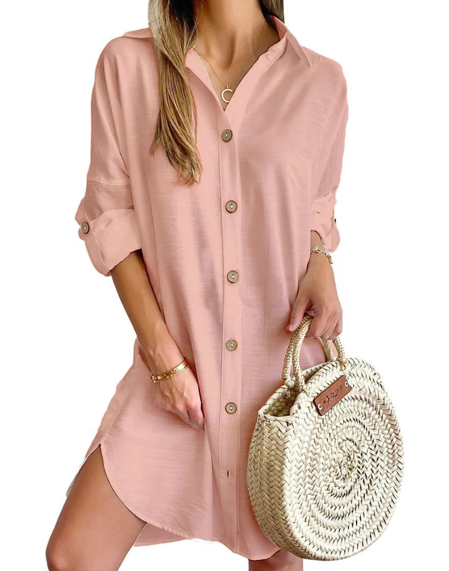 Women's Casual Long Sleeve Button Down Shirt Dress With Roll Tab Sleeves Loose Fit Tunic Dress For Beach Vacation Daily Wear